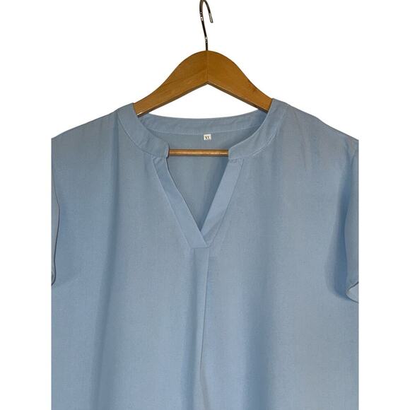 Short Sleeve Women Split V Neckline Summer Chiffon Pullover Top SZ XL Blue NWOT - Picture 4 of 7